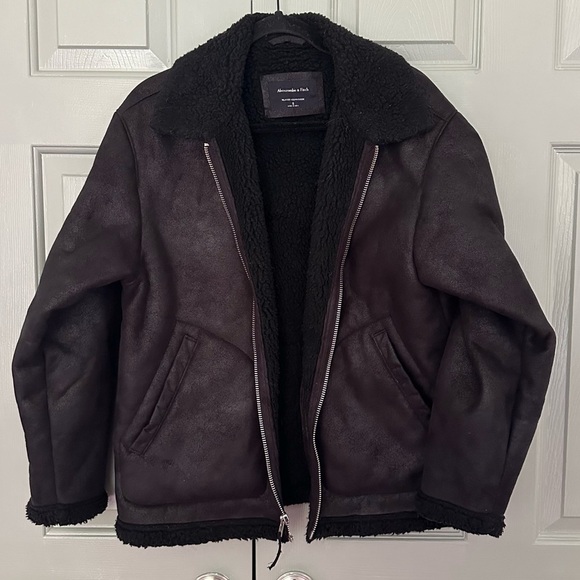 Abercrombie Relaxed Vegan Suede Aviator Jacket Black - Picture 2 of 4